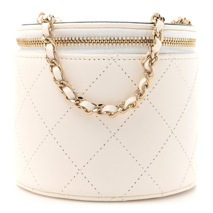 Lambskin Quilted Round Small Vanity Case With Chain White Black