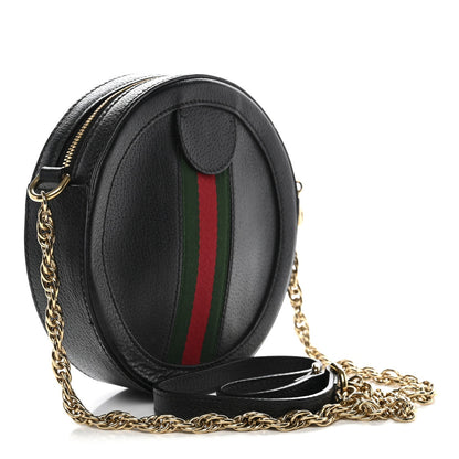 Grained Calfskin Web Mini Ophidia Round Shoulder Bag Black