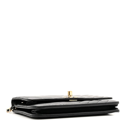 Lambskin Chevron Quilted Trendy CC Wallet On Chain WOC Black