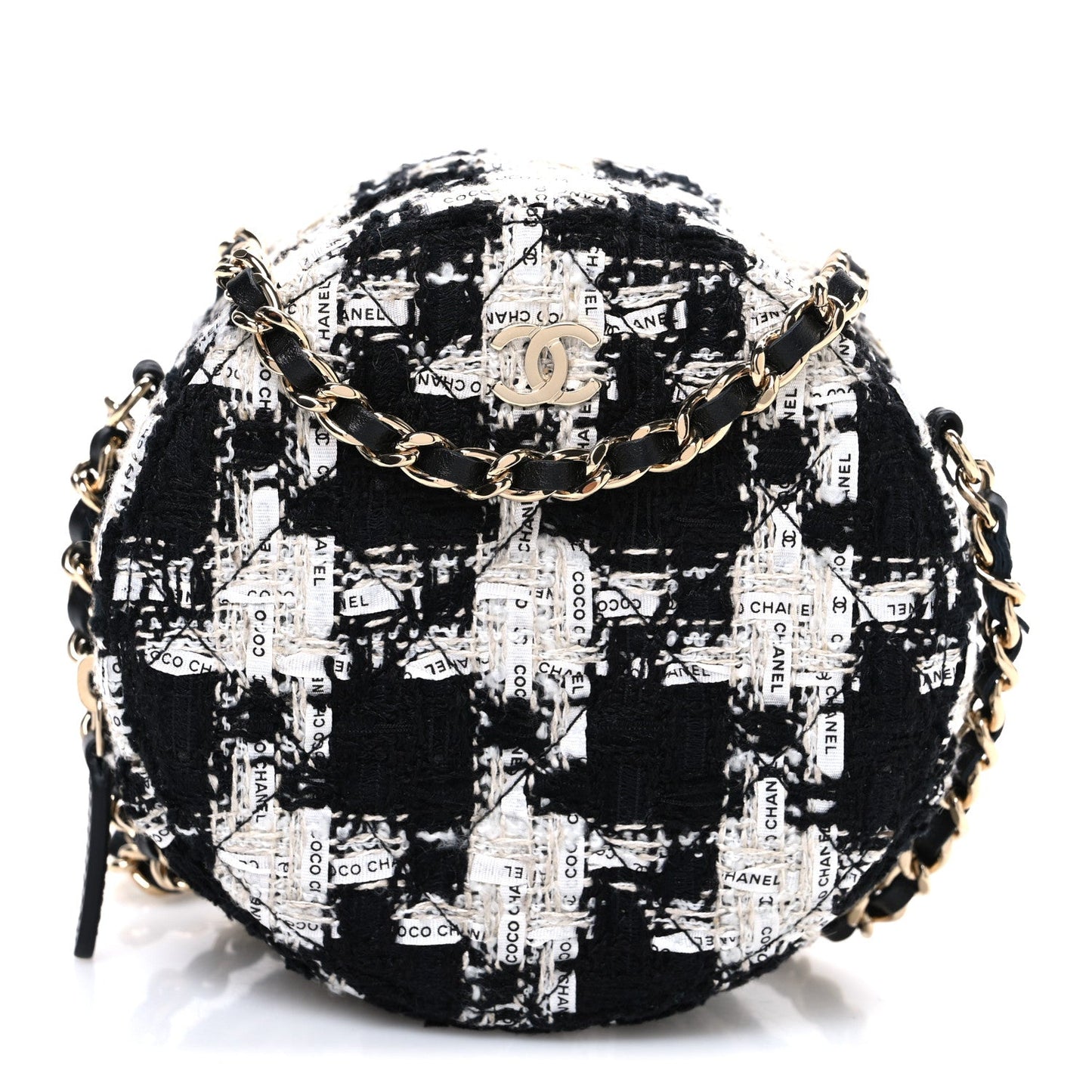 Tweed Quilted Round Clutch With Chain Black Ecru White