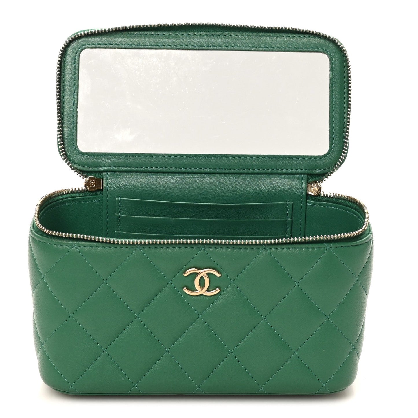 Lambskin Quilted Small Top Handle Vanity Case With Chain Green
