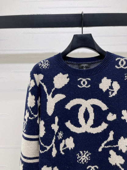 CC Double C Floral Jacquard Long-Sleeved Sweater Navy Blue Cashemere 344097