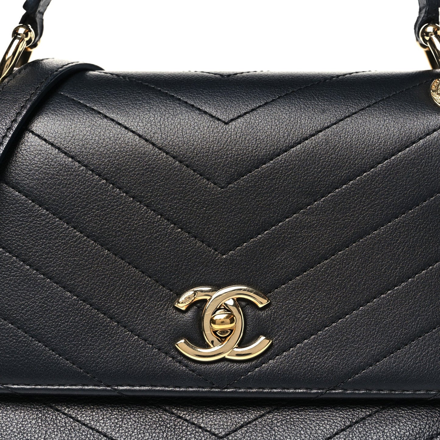 Grained Calfskin Chevron Stitched Small Chic Top Handle Flap Black