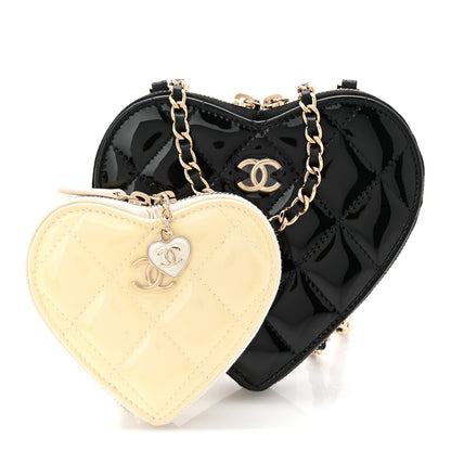 Patent Calfskin Resin Quilted CC Heart Clutch With Chain  Black
