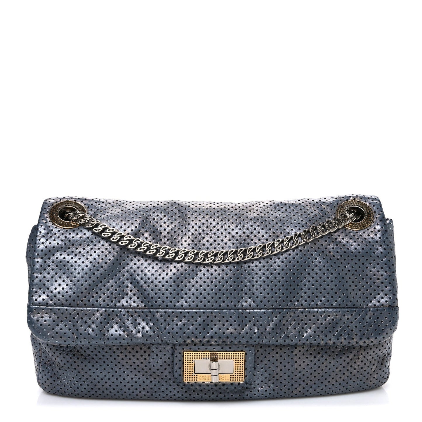 Metallic Crackled Calfskin Perforated Drill Flap Silver