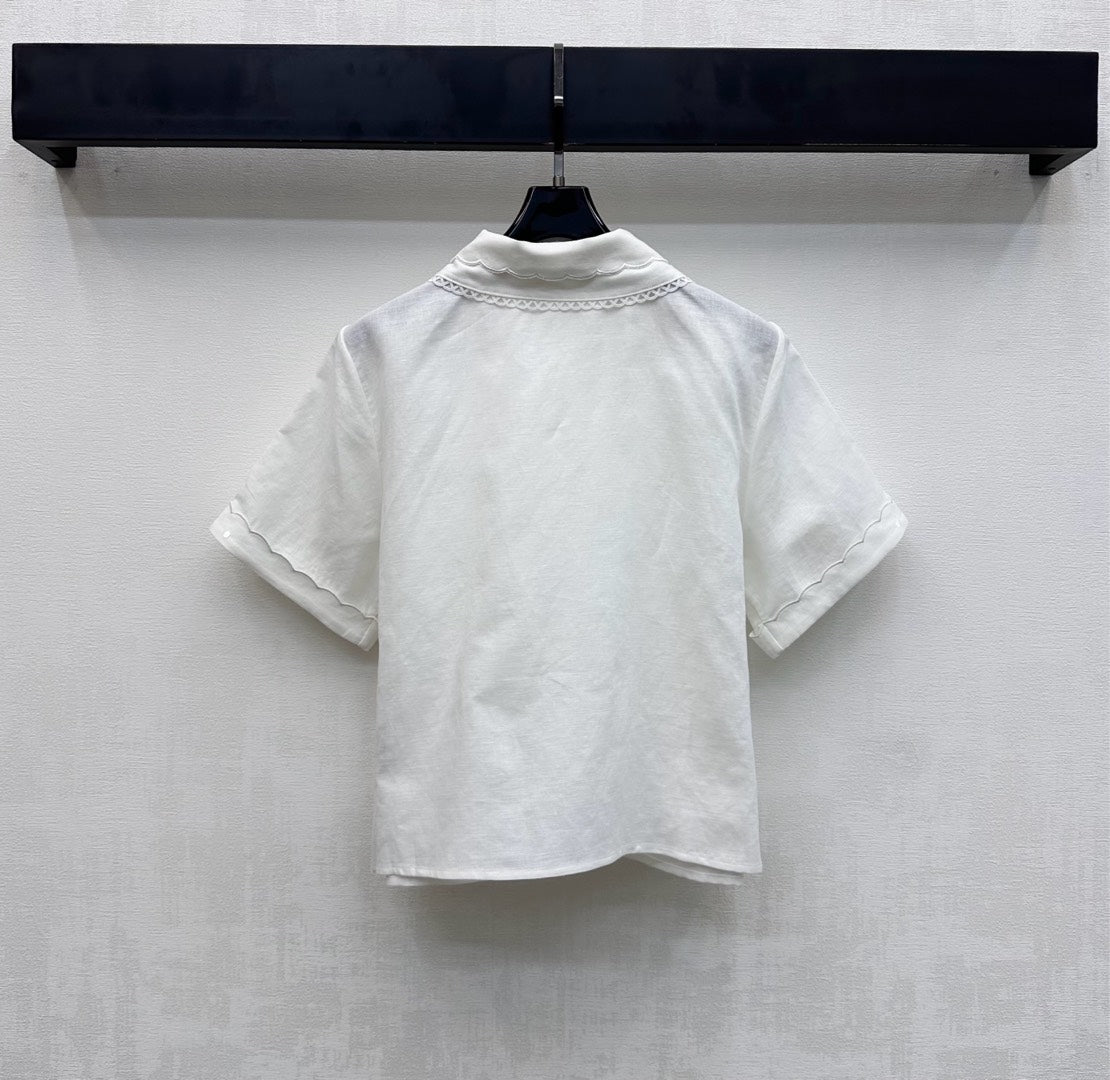 Miu SS26 Set Scalloped-Collar Shirt A-line Skirt White Cotton Linen 351916