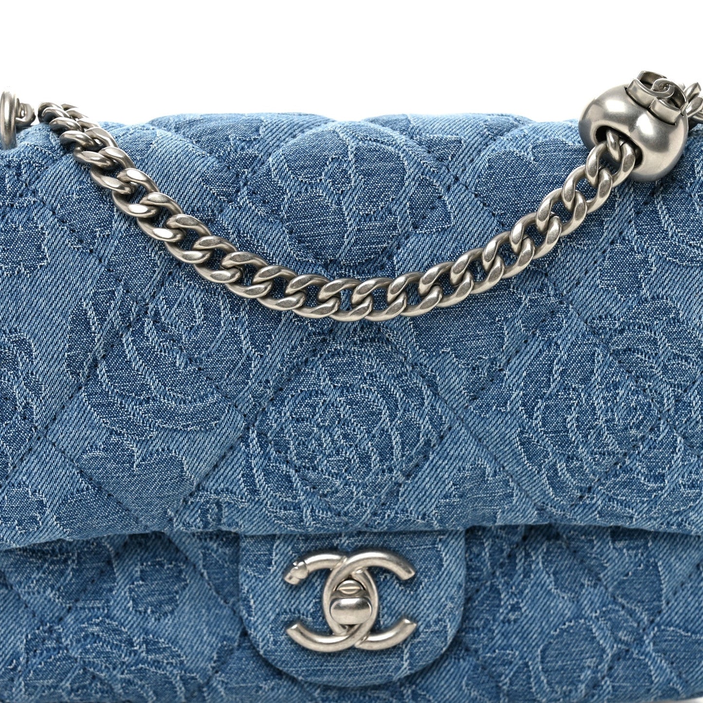 Denim Quilted Camellia Sweetheart Mini Flap Blue