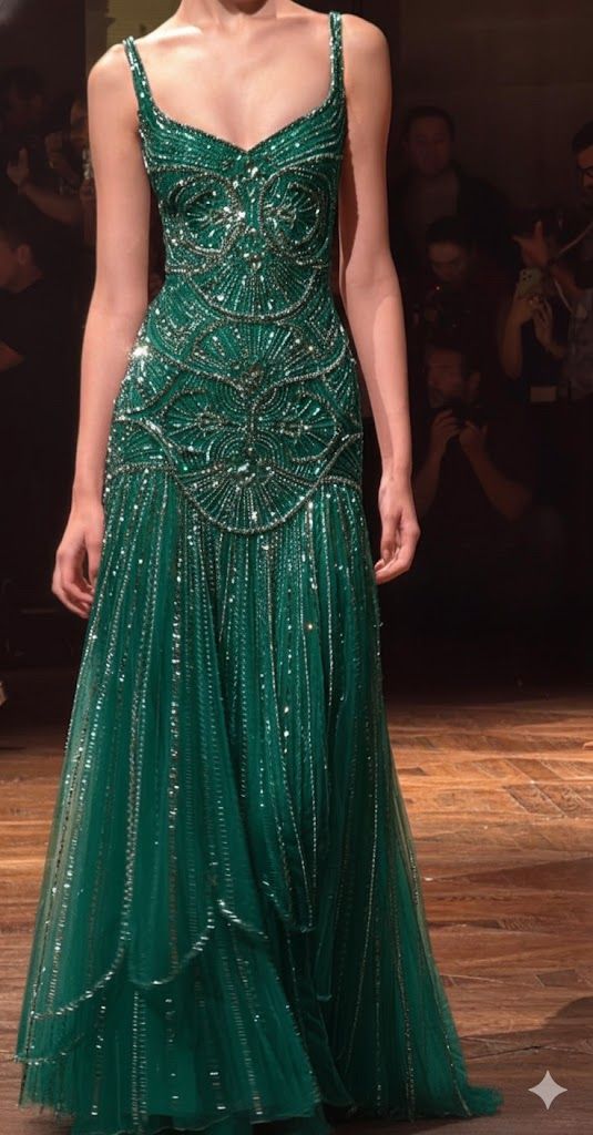 Gorgeous Beaded A Line Spaghetti Straps Dark Green Tulle Prom Dress SH5149