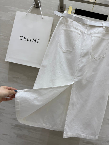 Celine 25 Denim Skirt with Logo Belt White Cotton