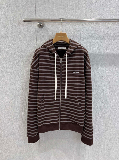 Miumiu 25FW Striped Zipper Hooded Sweatshirt Jacket Brown Cotton