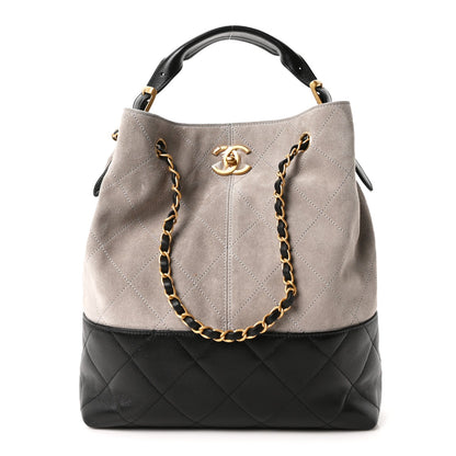 Suede Calfskin Shiny Lambskin Quilted Shopping Bag Grey Black