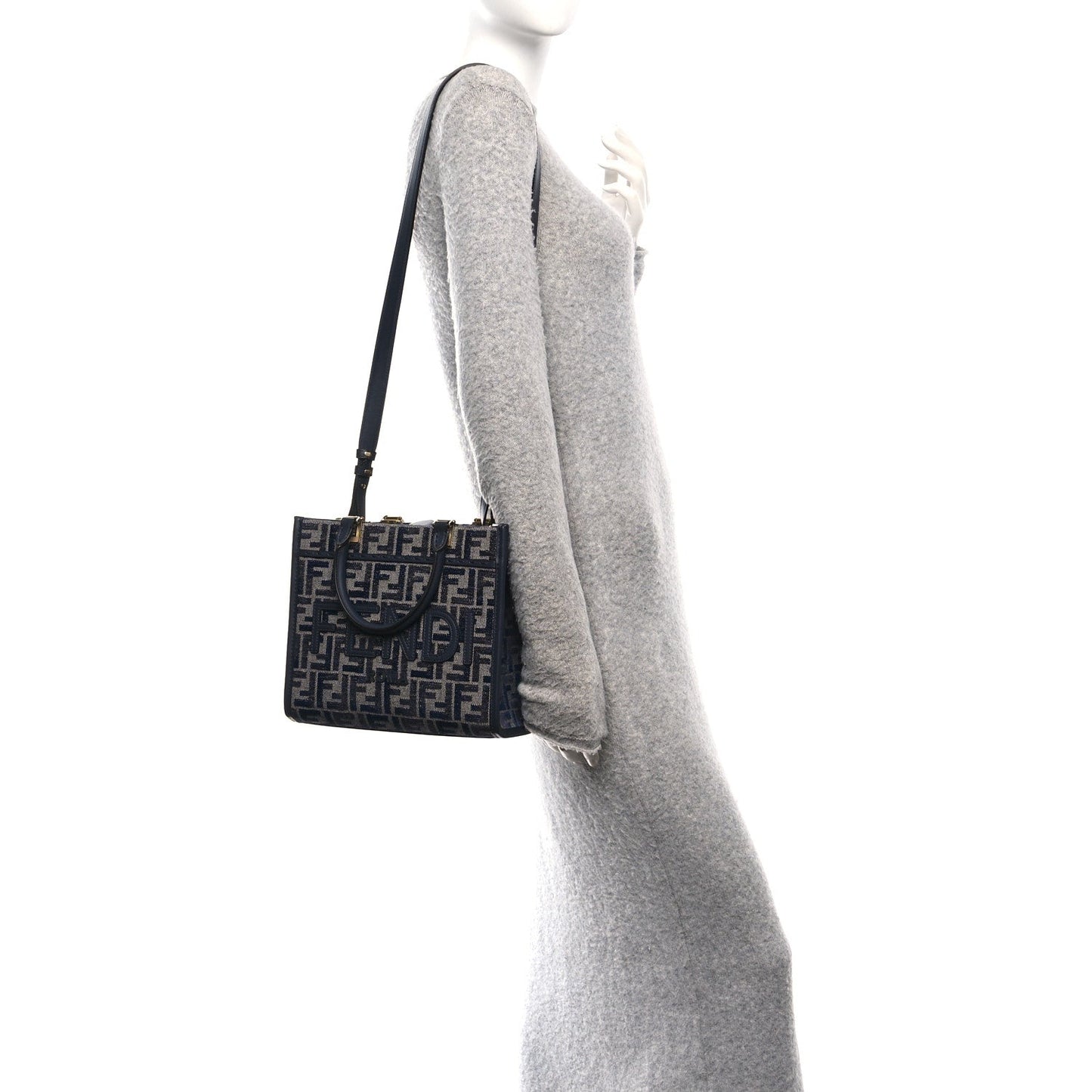 Fabric Jacquard FF 1974 Logo Small Fendi Sunshine Shopper Tote Blue Grigio