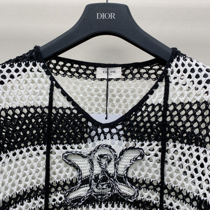 Celine 25 Hollow Crochet Cardigan Black White Wool Polyester 277568