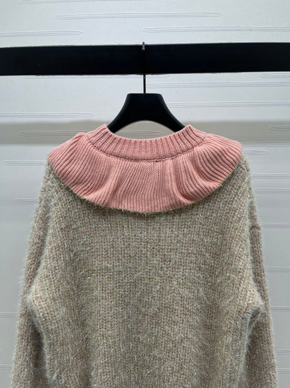Chanel 2025 Ruffled Collar Shimmering Sweater Beige Pink Polyester Wool 319565