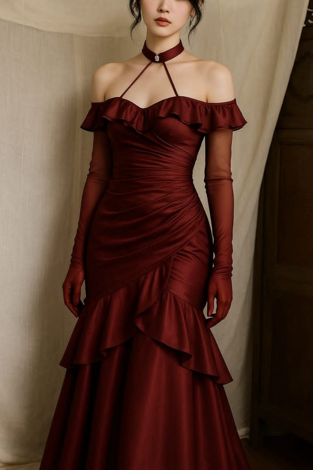 formaldressy-Burgundy ruffled sling long satin prom dress mermaid dress tight dress gh5762