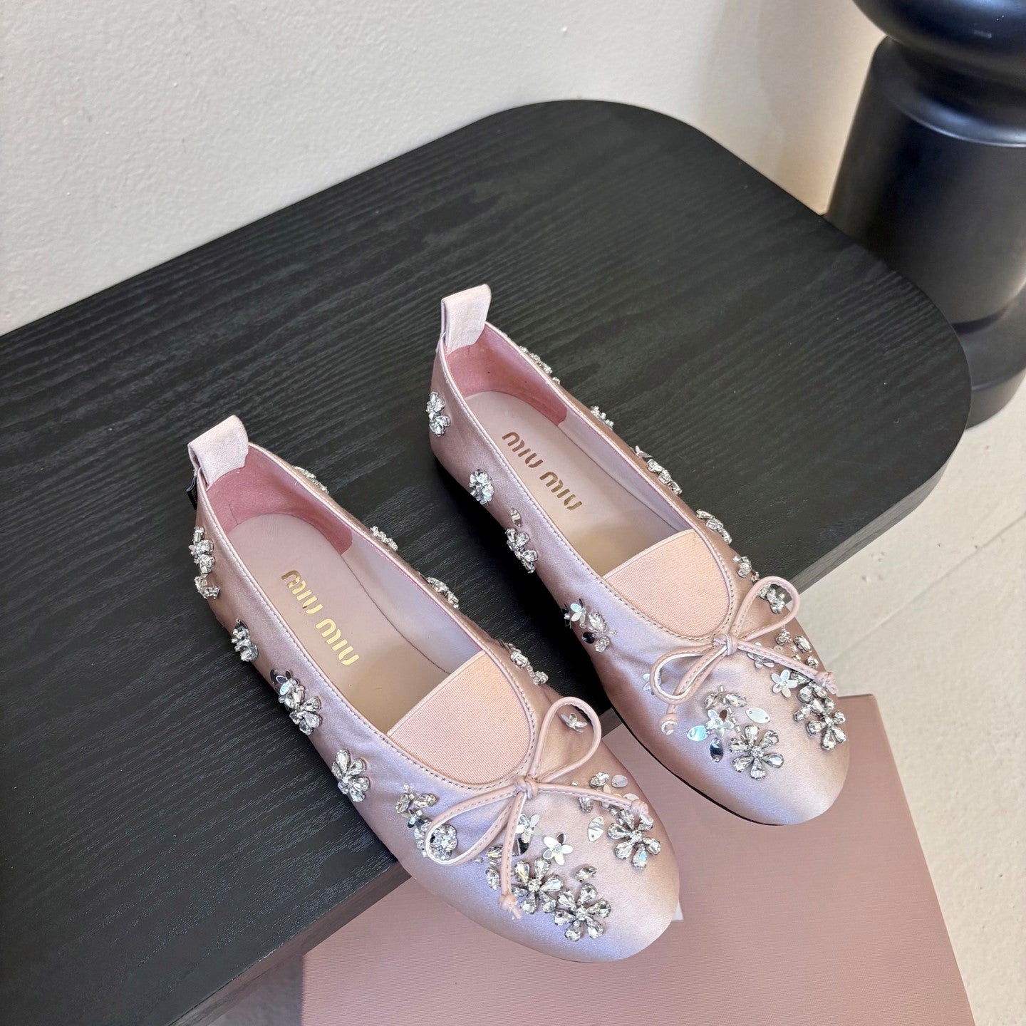 Miu Ballet Flat With Floral Crystal Light Pink Silk