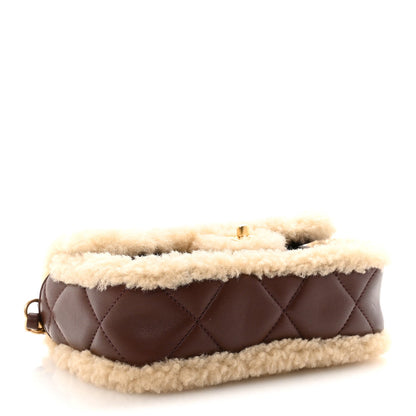 Shearling Lambskin Quilted Mini Furry Coco Flap Beige Dark Brown