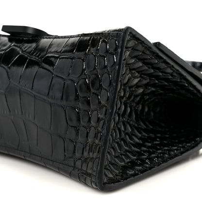 Shiny Calfskin Monochrome Crocodile Embossed Small Hourglass Top Handle Bag Black