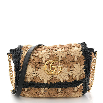 Raffia Azalea Calfskin Crochet Flower Small GG Marmont Shoulder Bag Natural Ecru Black