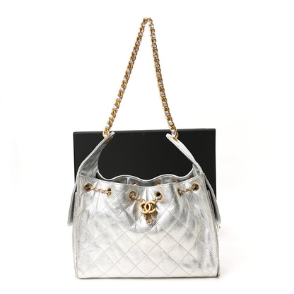 Metallic Caviar Quilted Small Chanel 25 Handbag Silver