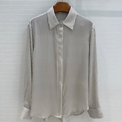 YSL 25 Striped Shirt Black mix White Silk