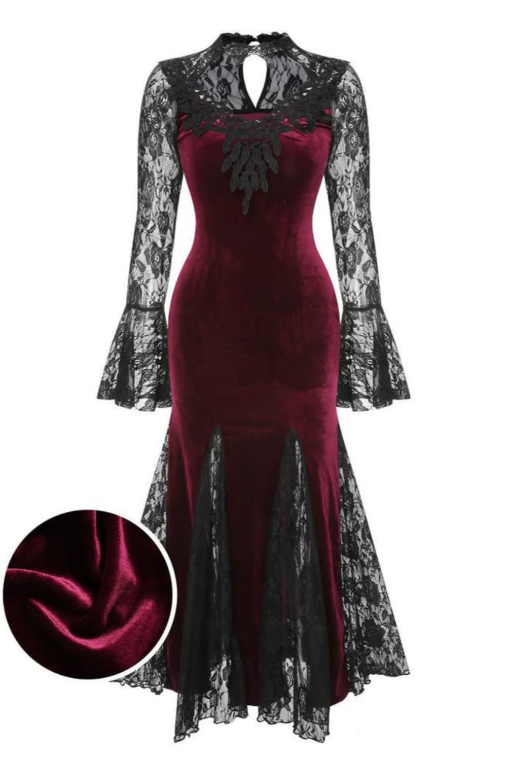 formaldressy-Burgundy velvet gothic lace long sleeve dress prom dress,evening dress gh5813