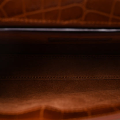 Shiny Calfskin Crocodile Embossed Small Manhattan Baguette Dark Caramel