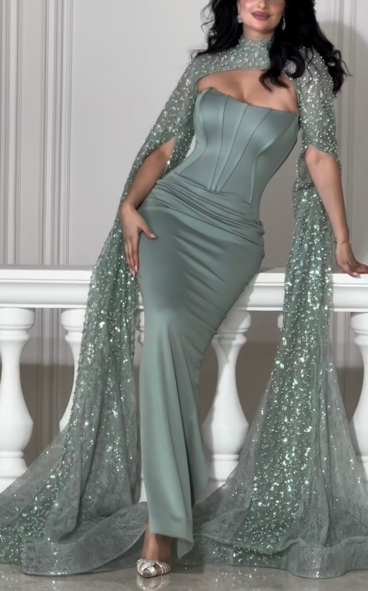 formaldressy-Green shimmering satin long dress gh6256