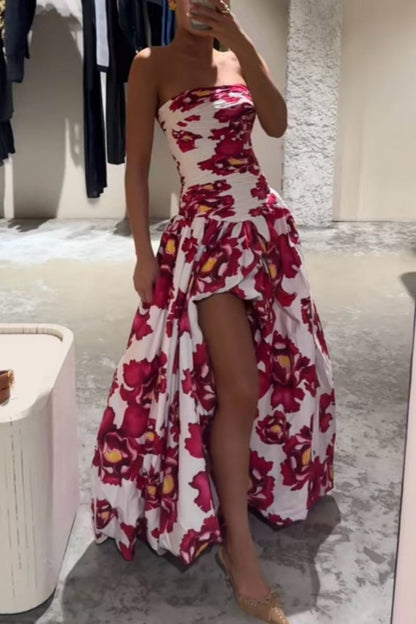 formaldressy-Red Floral Long Satin Chiffon Ball Gown Graduation Dress gh5928