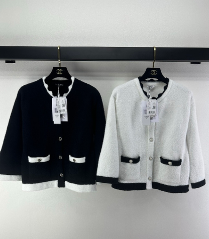 Chanel 2025 Round Neck Lace Cardigan Black White Wool 325690