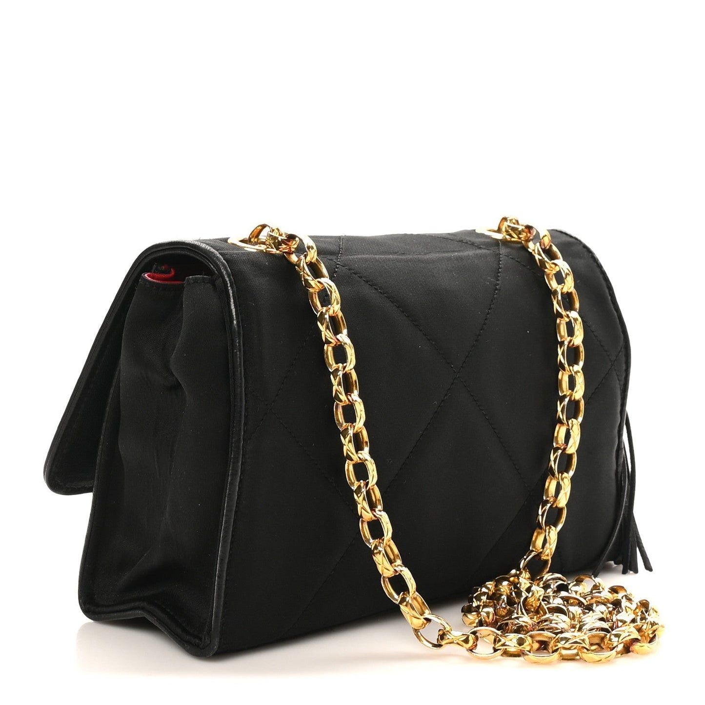 Satin Diamond Quilted Tassel CC Small Flap Bag Black