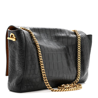 Calfskin Crocodile Embossed Suede Medium Reversible Monogram Kate Satchel Military Taupe