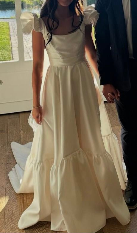 formaldressy-Romantic Ivory Satin Wedding Gown with Flutter Sleeves and Tiered Ruffled Train gh5816
