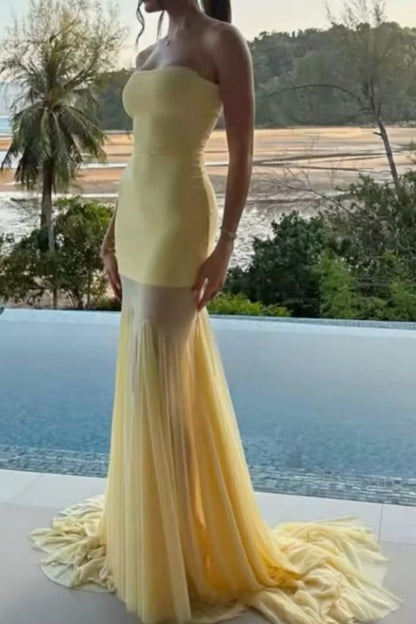 formaldressy-Yellow Elegant Mermaid Slim Long Chiffon Prom Dress Graduation Dress gh5930