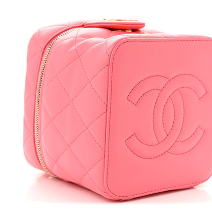 Calfskin Quilted Small Vanity Case With Chain Coral Pink