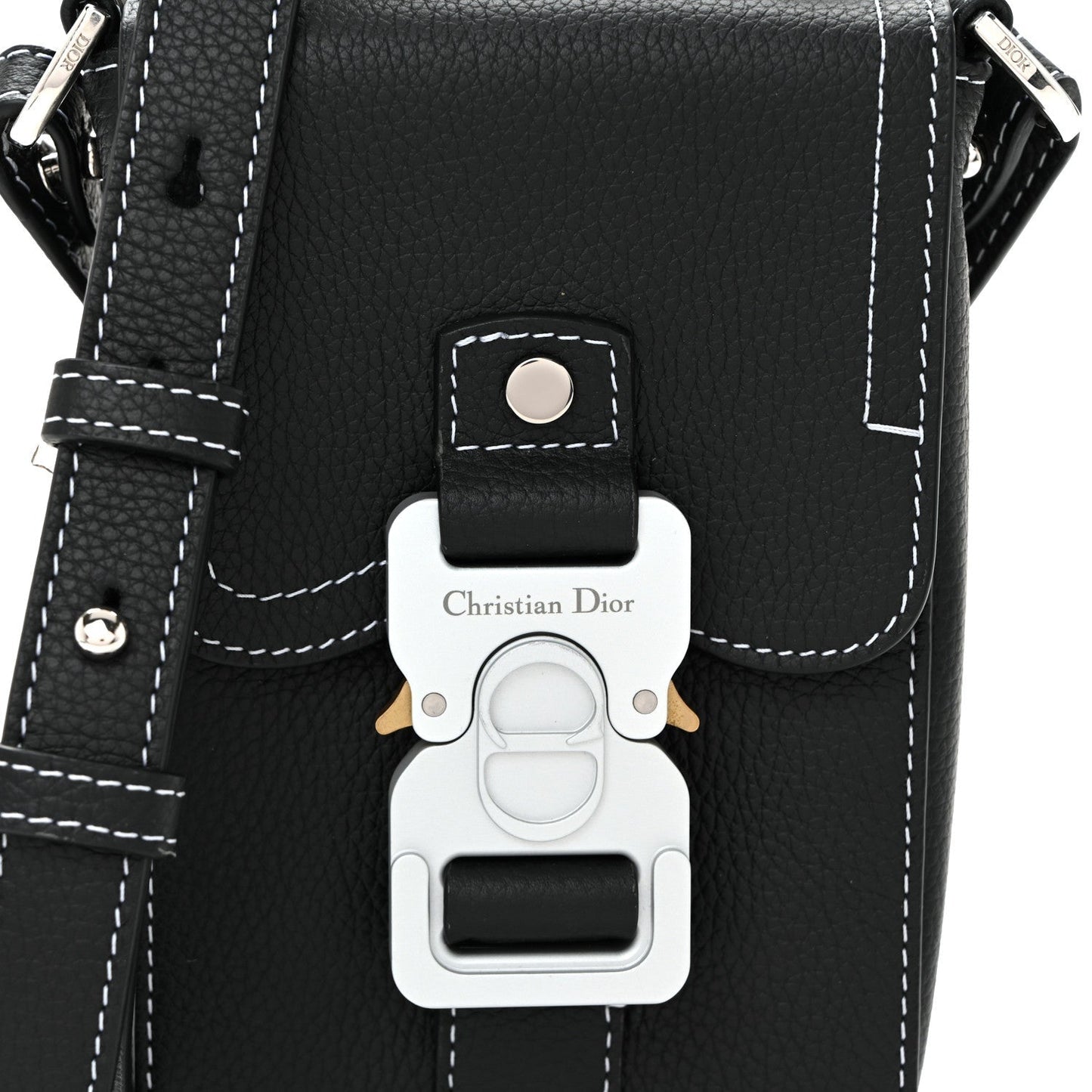 Grained Calfskin Vertical Saddle Pouch With Strap Black