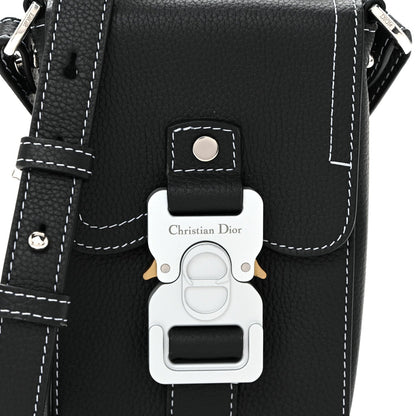 Grained Calfskin Vertical Saddle Pouch With Strap Black