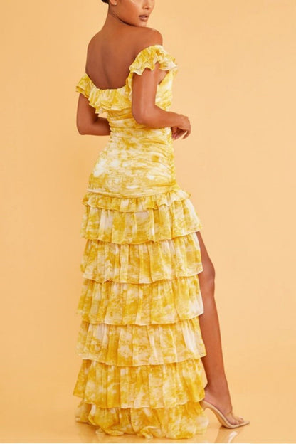 formaldressy-Yellow sexy elegant floral ruffle long chiffon garden party dress wedding guest gown gh5205