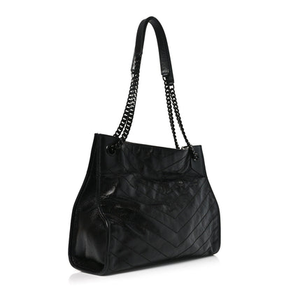 Crinkled Calfskin Matelasse Monogram Medium Niki Shopper Tote Black
