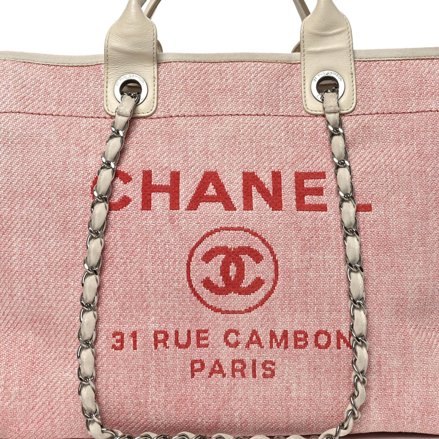 Woven Straw Raffia Medium Deauville Tote Pink White