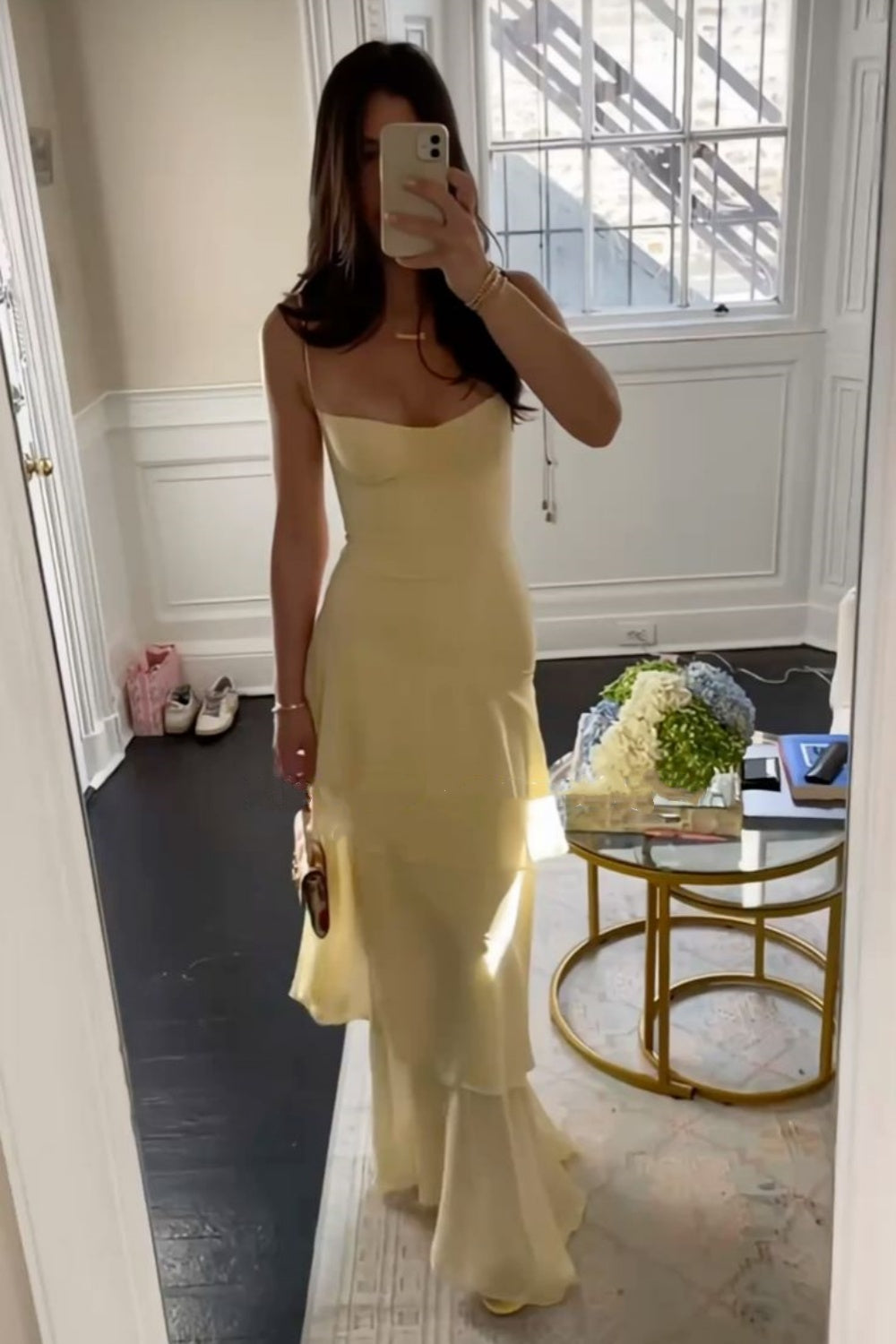 formaldressy-Yellow casual ruffled long chiffon dress gh5860