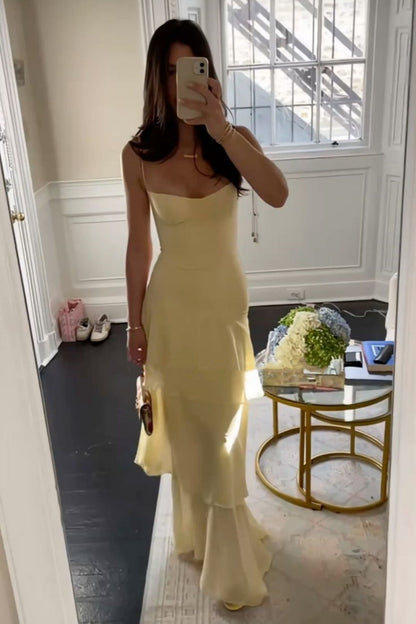 formaldressy-Yellow casual ruffled long chiffon dress gh5860