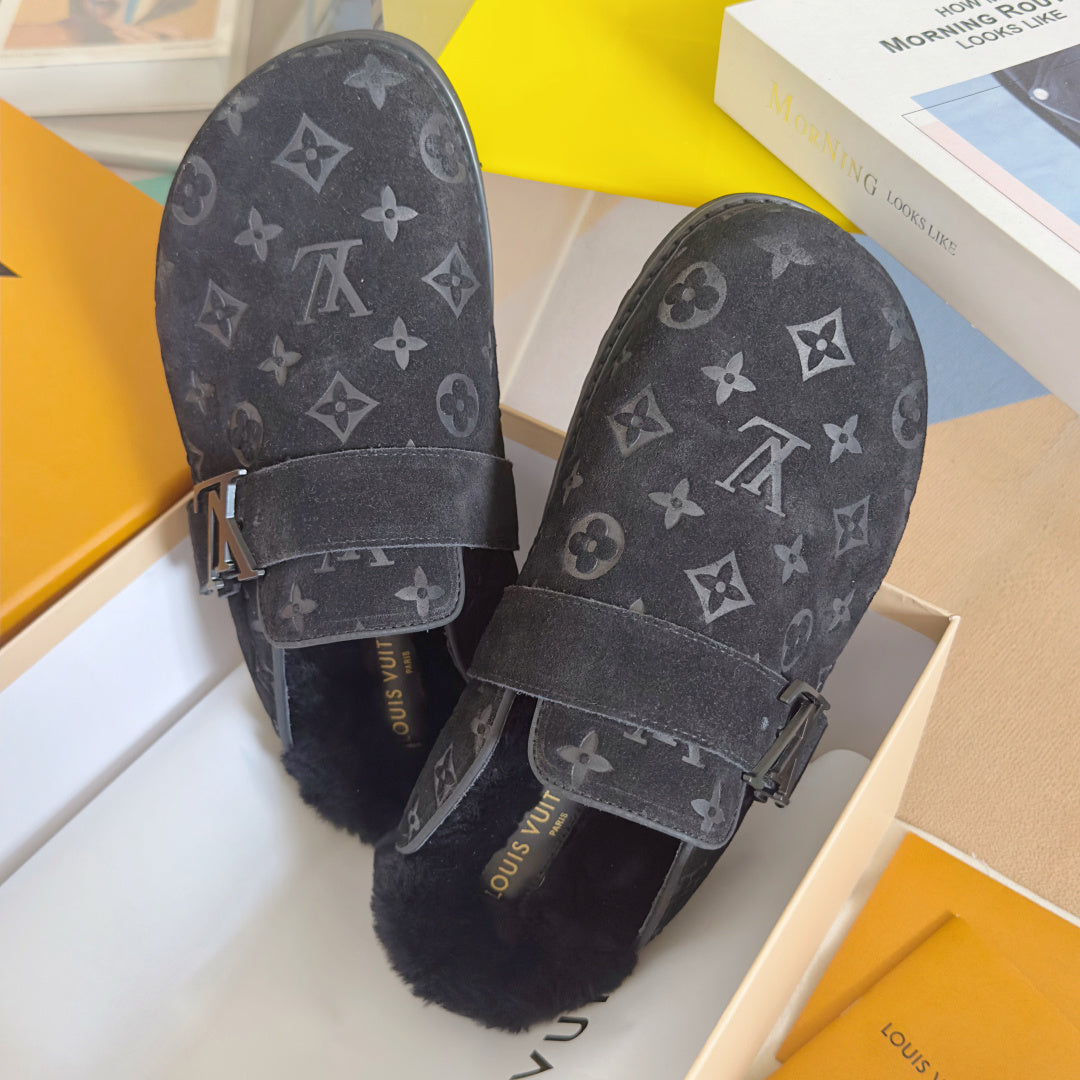 LV 25 Birkenstock Platform Slippers Navy Blue Suede Wool 576217