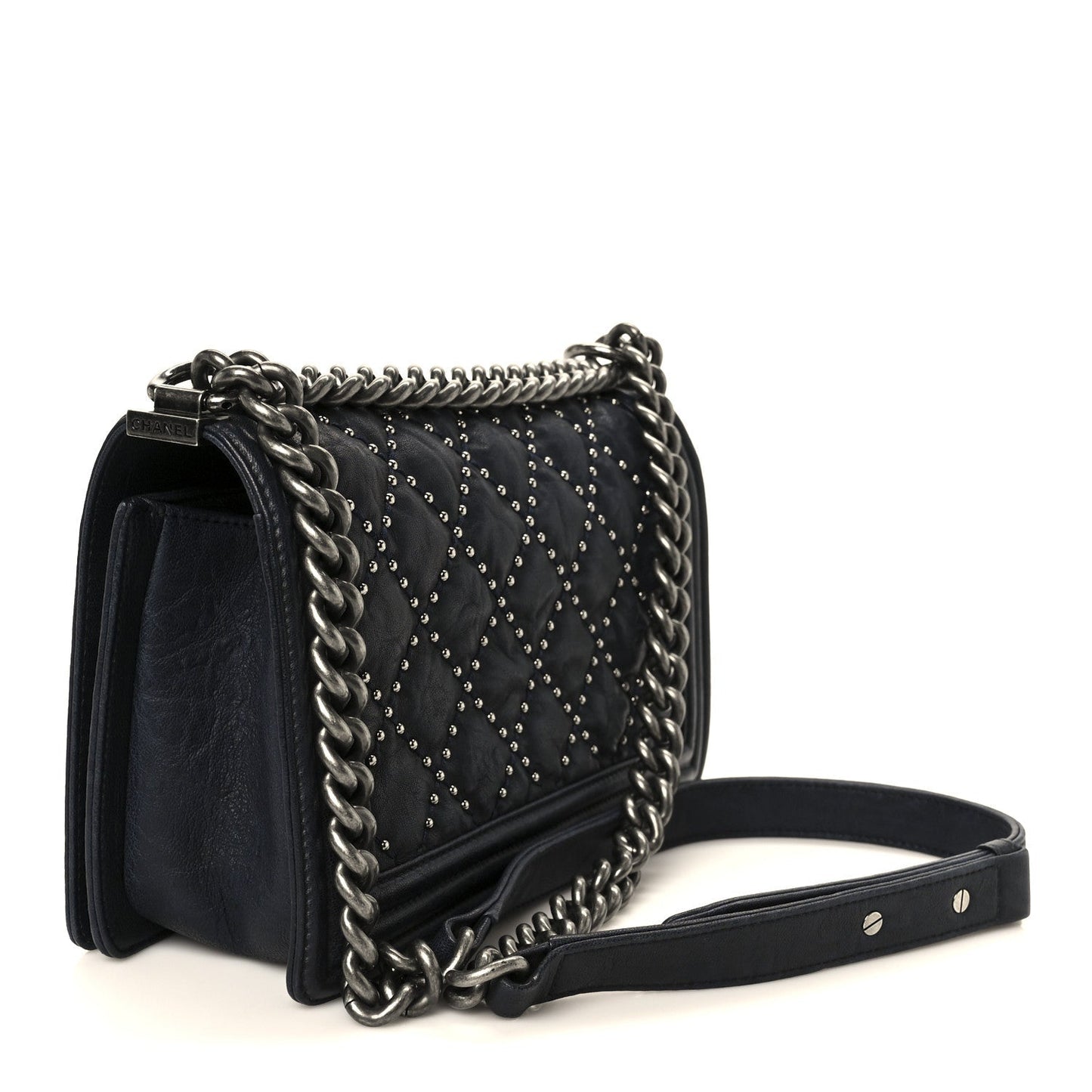 Crumpled Lambskin Medium Studded Boy Flap Navy