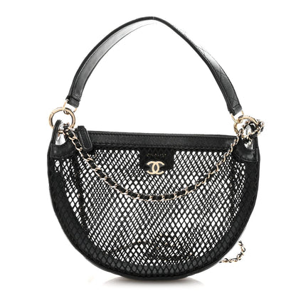 Mesh Shiny Lambskin Chain Hobo Black
