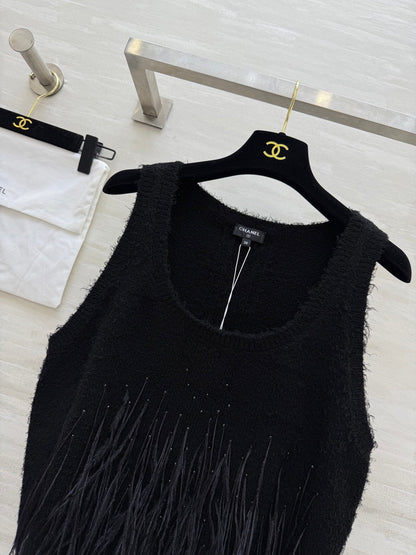 CC Ostrich Feather Rhinestone Vest Black Mulberry Silk Yarn 346478