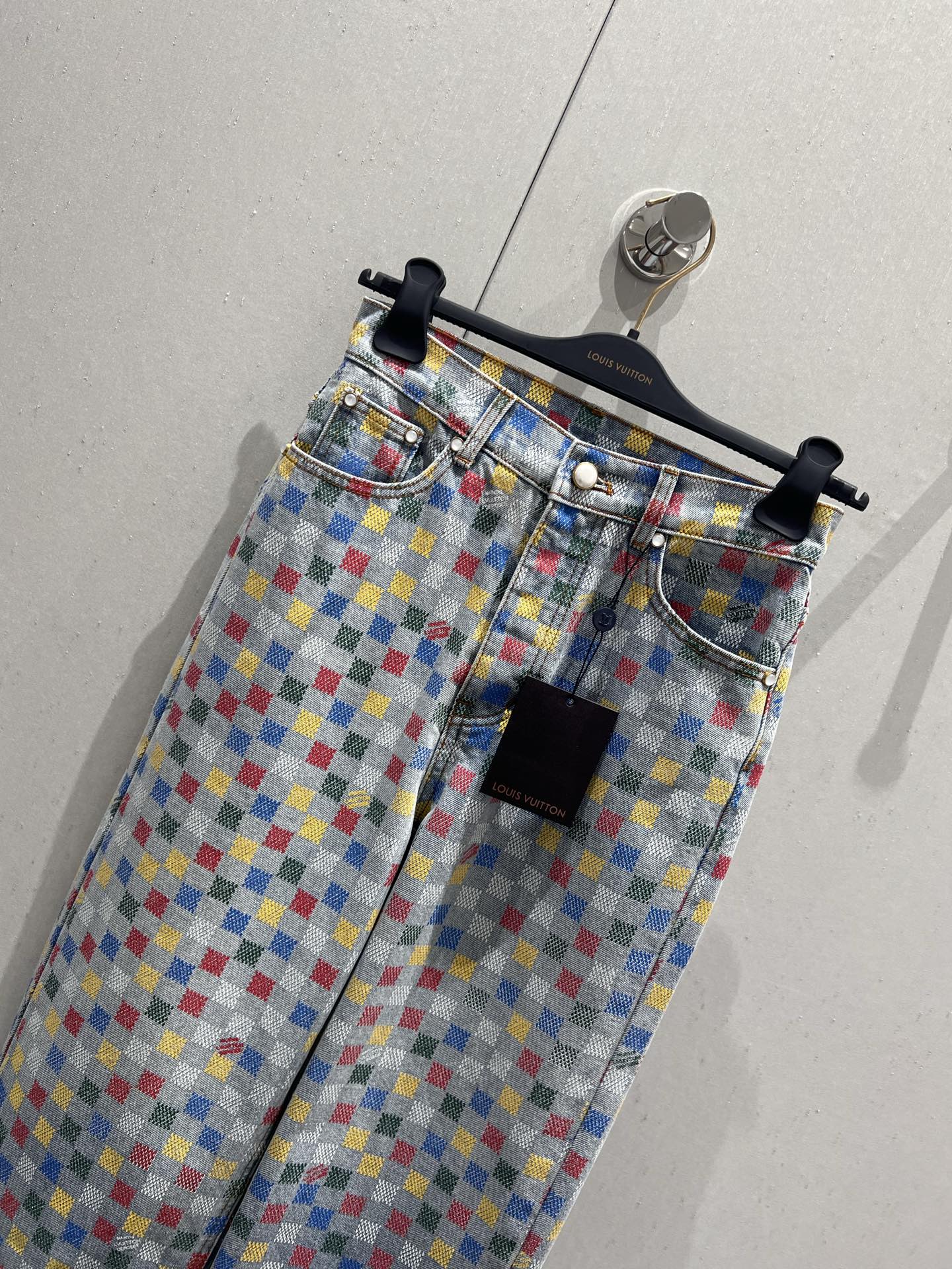 LV Plaid Multicolor Denim Jeans Blue Cotton
