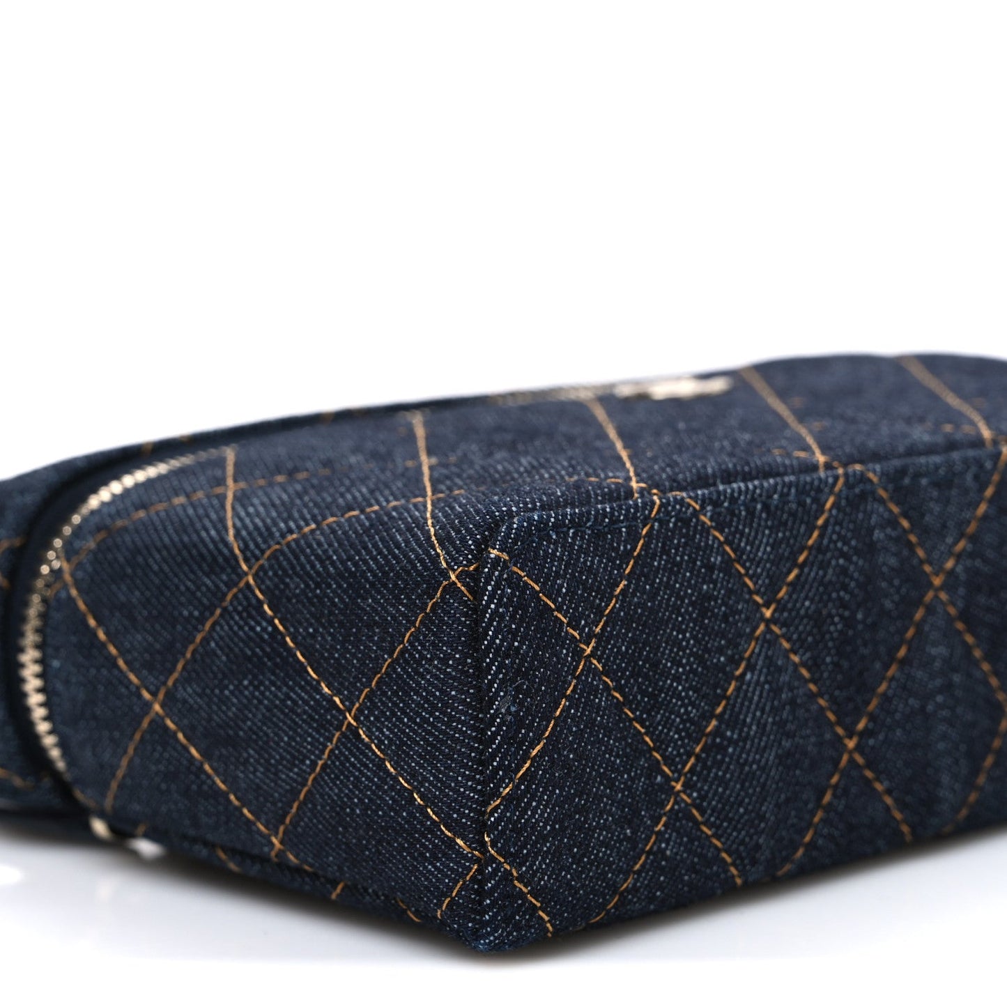 Denim Quilted Top Handle Slim Vanity Case With Chain Blue Orange