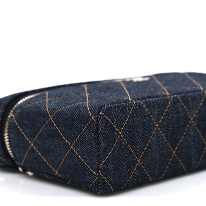 Denim Quilted Top Handle Slim Vanity Case With Chain Blue Orange