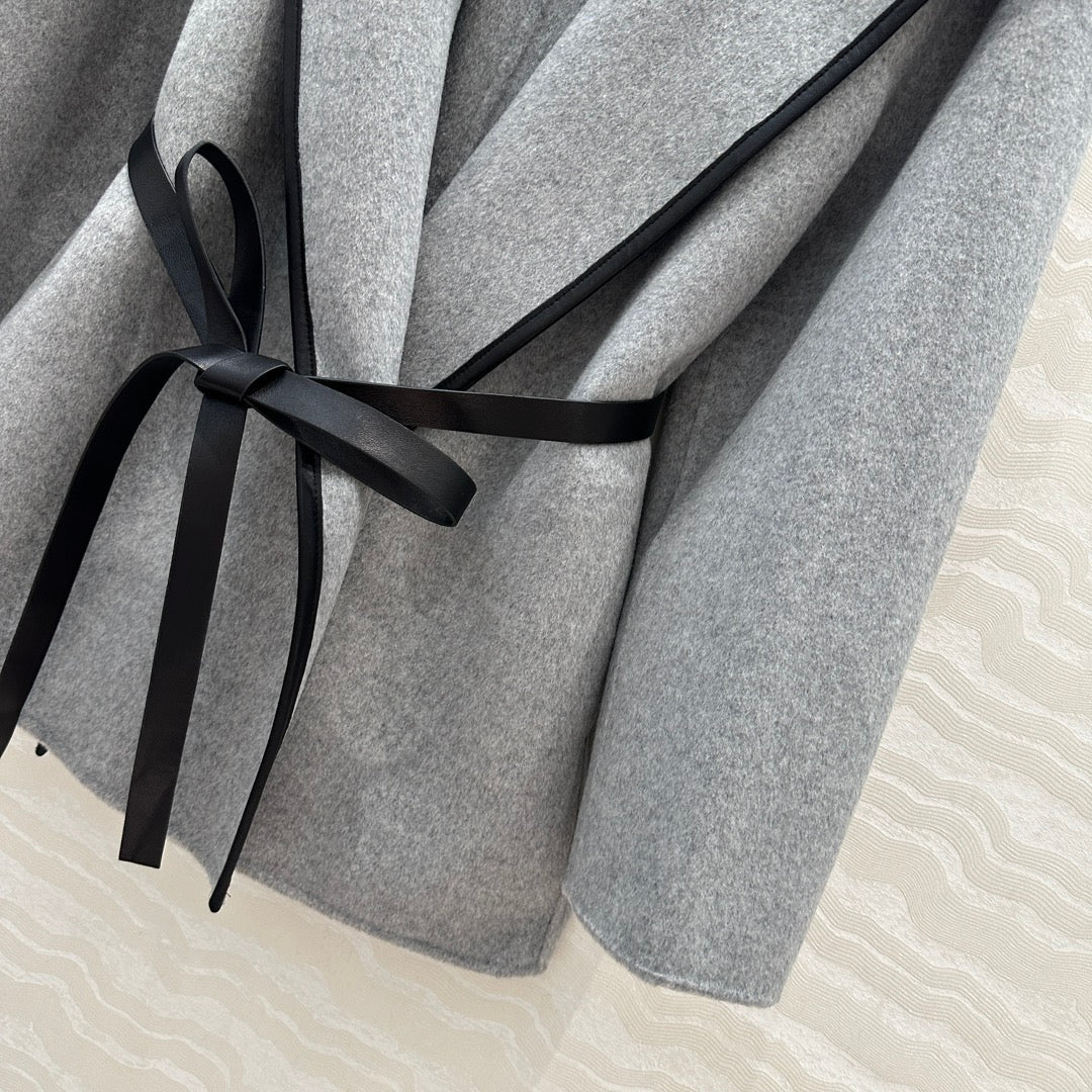 BV Hooded Leather Belt Coat in Gray Cashmere